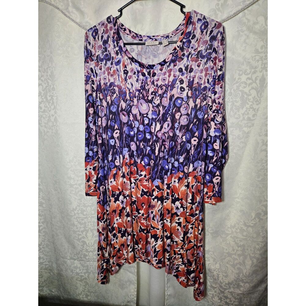 LOGO Lori Goldstein Floral Tunic Artsy Boho Lagenlook Sharkbite Hem | M